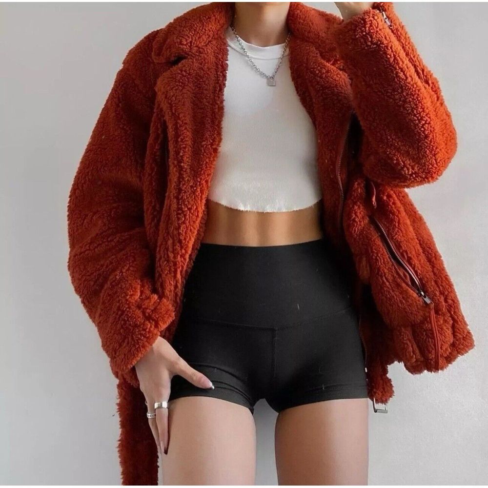 We The Free So Cozy Burnt Orange Faux Fur Moto Coat Sz M